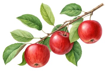 Watercolor red apples on branch with leaves isolated on white background