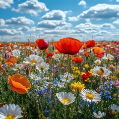 A field of flowers with a mix of red, white, and yellow blooms