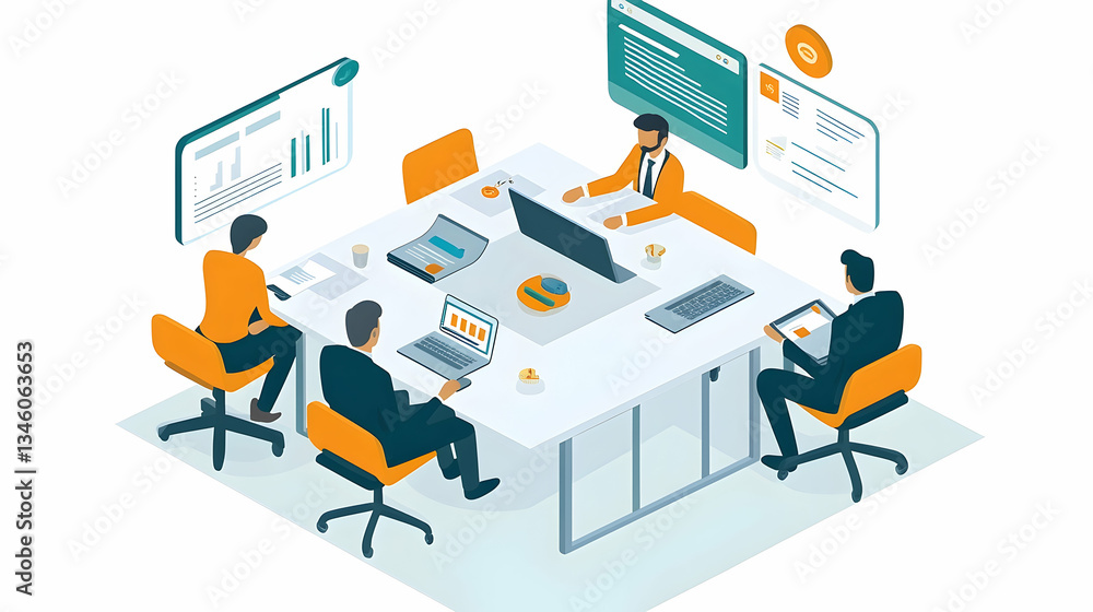 Aufkleber isometric business meeting concept with team discussing data analysis reports