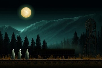 A pixelated haunted amusement park with spooky attractions and animated ghostly figures