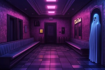 A pixelated haunted amusement park with spooky attractions and animated ghostly figures