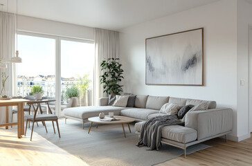Fototapeta premium Bright and airy living space with elegant furniture, lush greenery, and modern architectural accents 