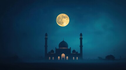 Serene Night Scene with Majestic Mosque Silhouette Beneath Full Moon in a Calm and Dreamy Atmosphere