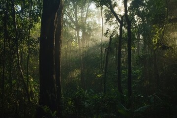 Fototapeta premium Lush Forest at Dawn: A dense forest with towering trees shrouded in morning mist