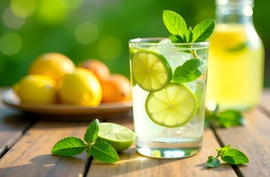 Glass of citrus lemonade with mint leaves on a wooden table in summer garden, summer drink