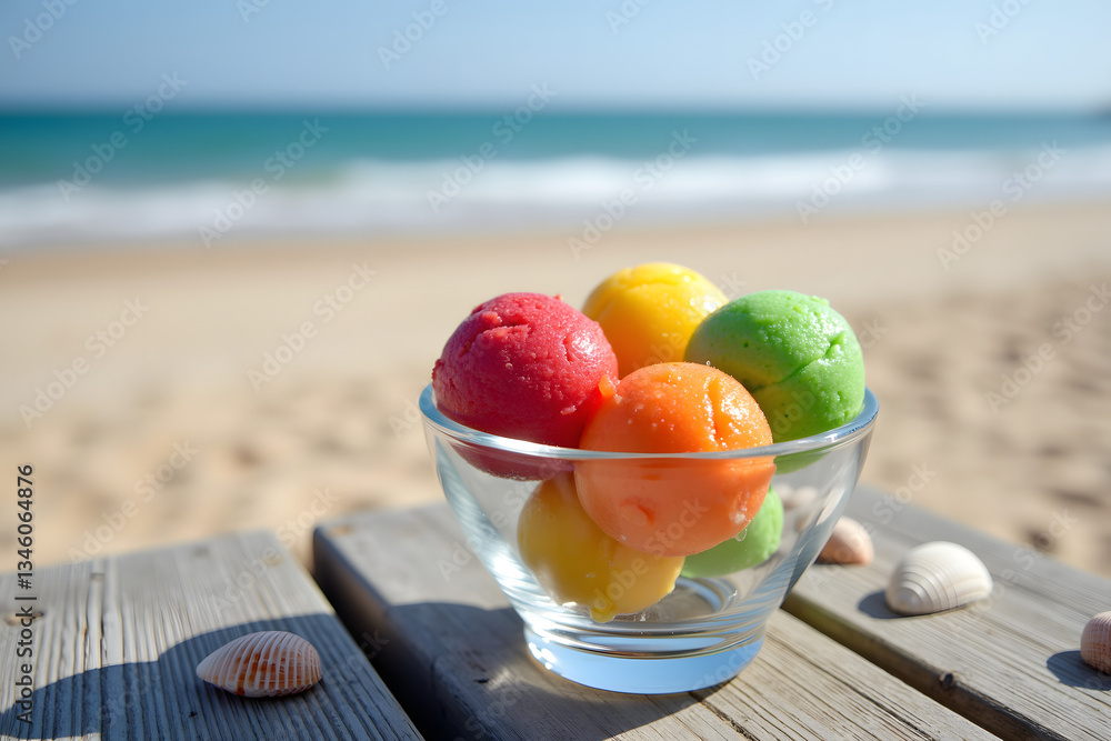 Poster colorful scoops of ice cream in a clear bowl placed on a wooden surface by a sunny beach with gentle