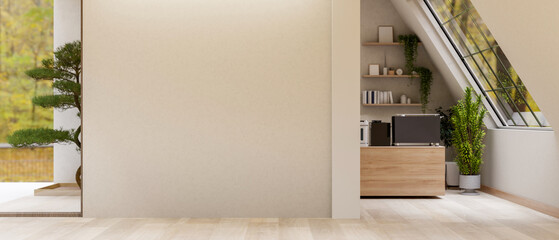 A wooden counter bar with coffee making machine in the room corner under roof window. Home Interior.