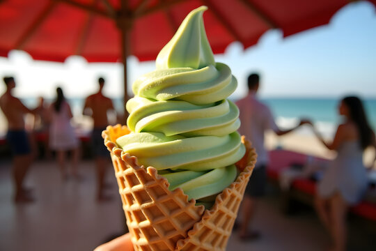 A close-up of a green swirl soft serve ice cream in a waffle cone, with blurred beachgoers enjoying the warm sun and ocean in the background
