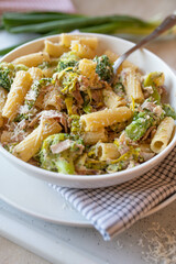 Pasta with leek, broccoli and ham in a delicious sour cream sauce on a plate