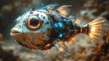 Futuristic robotic fish gliding through a vibrant underwater scene with glowing corals