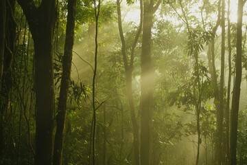 Fototapeta premium Lush Forest at Dawn: A dense forest with towering trees shrouded in morning mist
