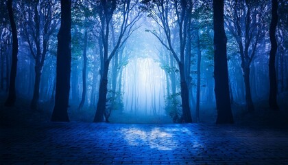 Obraz premium eerie blue forest with glowing light creating a mystical and serene atmosphere