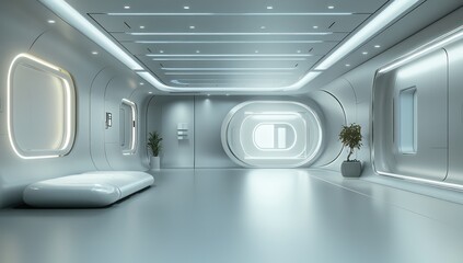 Obraz premium Minimalistic gallery in 3D with vast empty wall spaces, soft lighting, and a modern design to emphasize simplicity.