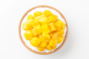 Patbingsu is a food made by crushing ice into small pieces and adding boiled red beans or sugar.
