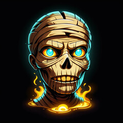 Fototapeta premium Eerie mummy head characterized by glowing blue eyes, intricate bandaging, and radiant orange flames, set against a dark and mystical background, creating a haunting atmosphere.