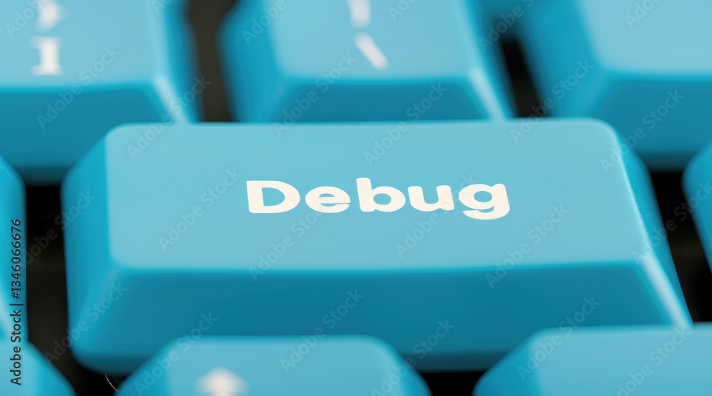 Poster a blue computer keyboard key that says debug ideal for software development or technology concepts