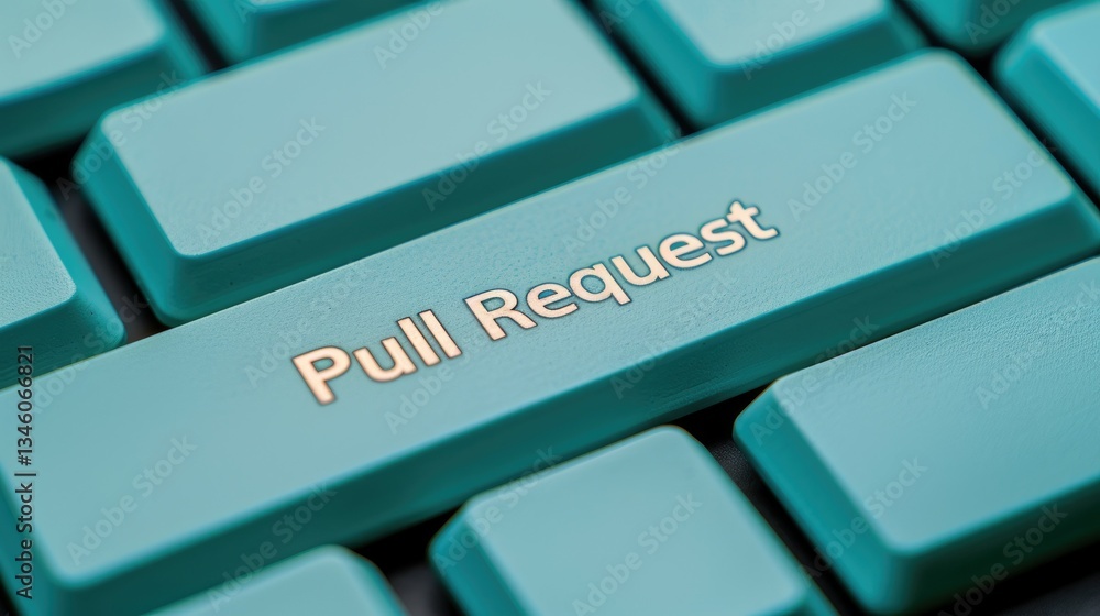 Poster teal keyboard close up showcasing a pull request key for software development workflow