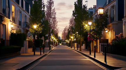 Fototapeta premium Evening Street View Lined With Buildings Trees And Street Lamps In Twilight