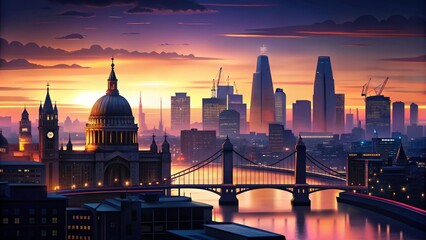 Naklejka premium London Skyline Silhouette: Illuminated Tower Bridge & St Paul's Cathedral Night Photography