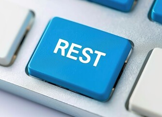 A blue button on a keyboard that says REST Concept for relaxation break time or mental health