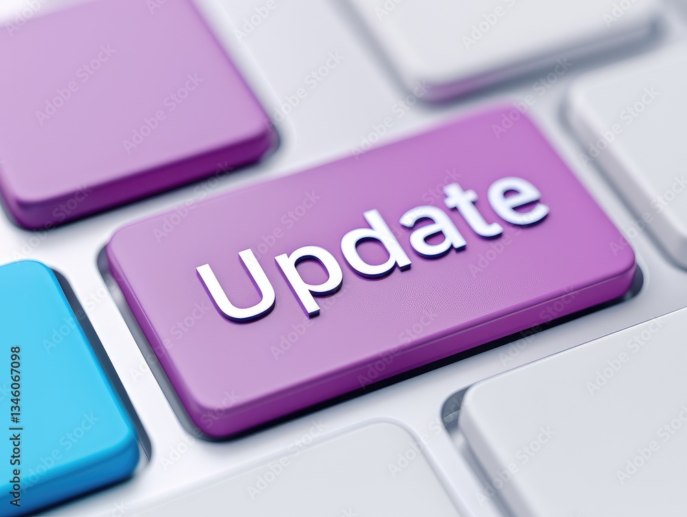 Poster purple update button on modern computer keyboard close up shot software upgrade concept
