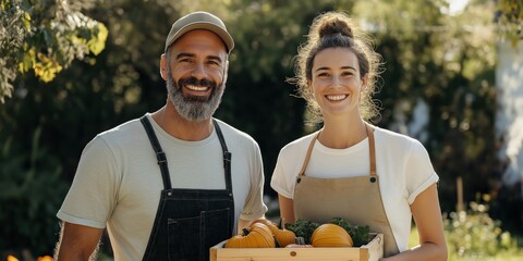 A man and a woman are smiling and holding a basket of vegetables. The man is wearing a hat and the woman has a bun in her hair