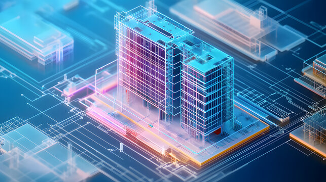 digital construction building information modeling bim concept with 3d model and blueprints vector illustration