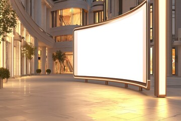 3D rendering of a curved billboard with a blank display area, softly lit in a spacious plaza to emphasize its clean design.