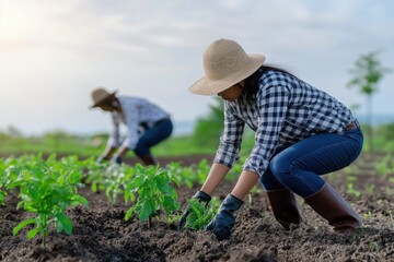 Two women are working in a field, one wearing a straw hat and the other wearing a plaid shirt