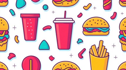 Colorful Fast Food Pattern with Burgers, Fries, Drinks, and Snacks in a Fun and Playful Design for Food Lovers and Restaurants