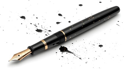 Fototapeta premium Black Fountain Pen with Gold Nib and Ink Splatters
