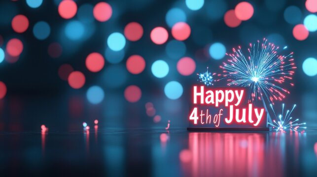 Vibrant Fireworks Display with Glowing Text for Independence Day Celebration and Festive Atmosphere Featuring Sparkling Bokeh Background
