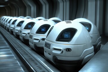 Obraz premium A line of futuristic, white pods moves along a metallic track, hinting at automated transportation or cryogenic storage.