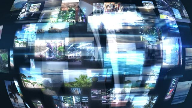 Businessman navigating futuristic interface with floating images