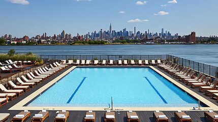 A rooftop swimming pool overlooks a city across the water under sunlight