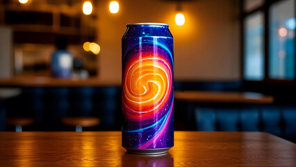 Fototapeta premium A tall aluminum can with a striking and colorful design. The can has a dark blue base with an abstract swirling pattern of orange, pink and blue.
