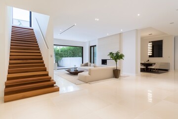 Fototapeta premium A large, open living room with a white fireplace and a potted plant. The room is well-lit and has a modern, clean aesthetic