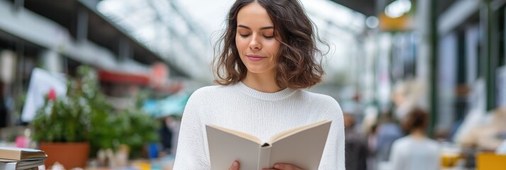 A woman is reading a book in a public area. She is smiling and she is enjoying her book. The scene is set in a mall or a similar public space, with several other people around her