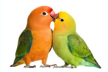 Naklejka premium Funny Kiss Pose, Two Colorful Parrots Playfully Puckering for a Funny Kiss Pose Together