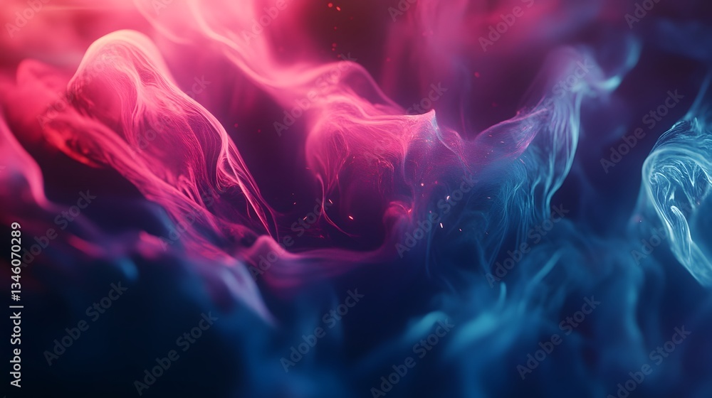Poster pink and blue smoke creating abstract shapes on dark background