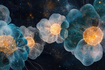 Obraz premium Abstract cosmic flowers with interconnected glowing centers, a mesmerizing blend of teal and gold.