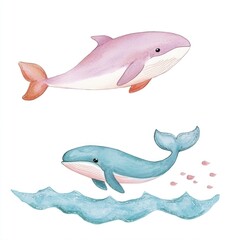 Fototapeta premium Adorable Watercolor Whales Pink Blue Whale Illustrations Ocean Animals Kids Art