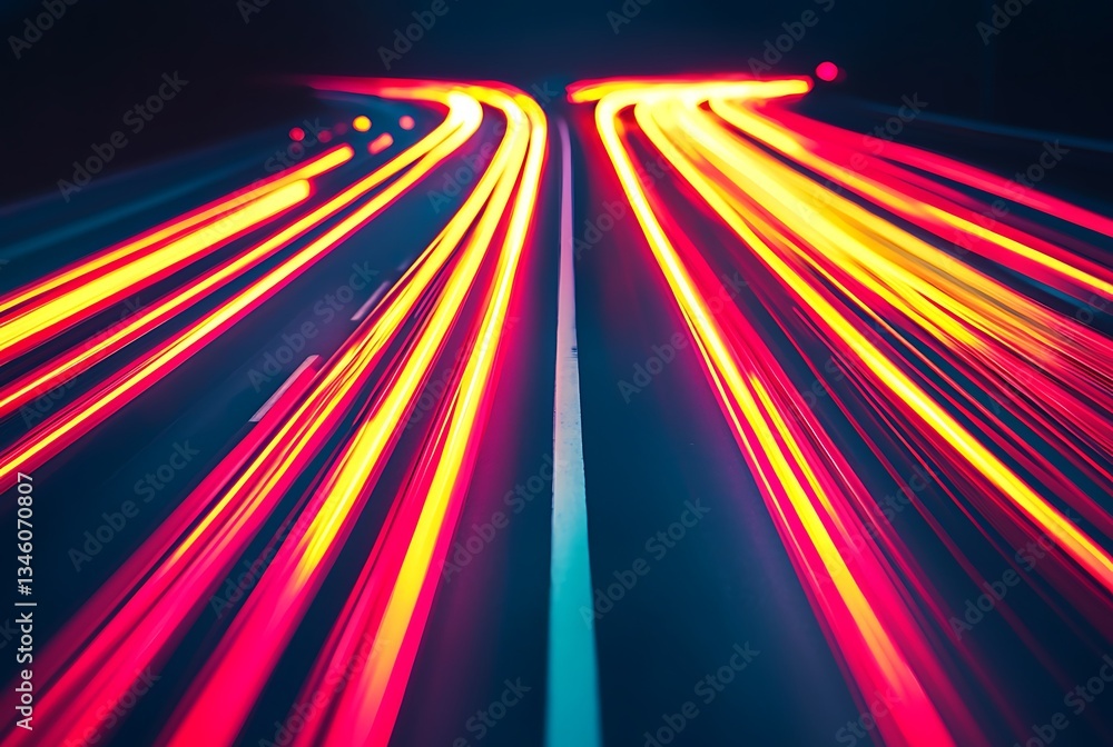Poster a dynamic nighttime scene showcasing vibrant streaks of light from moving vehicles on a highway, cre