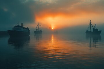 Fototapeta premium Misty dawn illuminates silhouetted fishing boats against a vibrant sunrise over calm waters