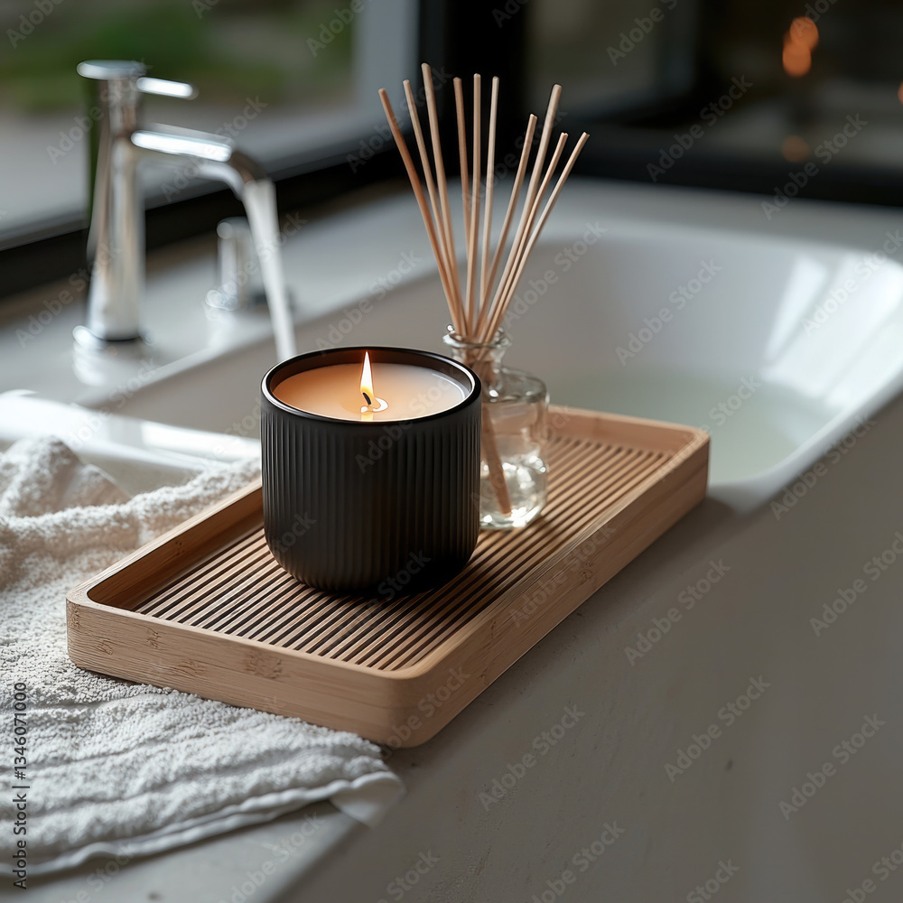 Poster serene bathroom scene featuring black candle and diffuser on wooden tray, creating calming atmospher