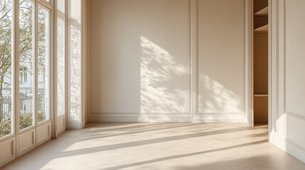 bright, empty room with beige walls and large windows allowing natural light to filter in, casting soft shadows on floor. serene atmosphere evokes sense of calm and potential