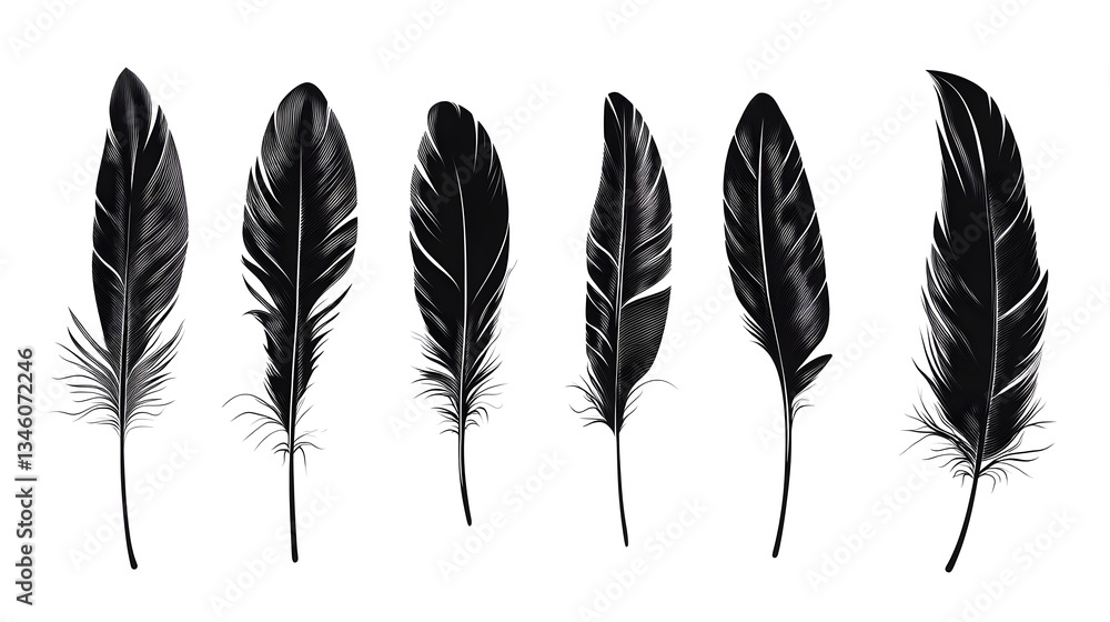 Poster Set of black feathers showing different shapes and textures