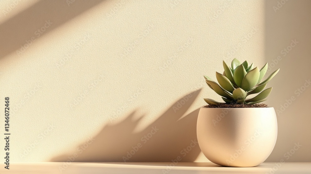 Poster a vibrant succulent plant in a round pot sits gracefully on a wooden surface, illuminated by gentle 