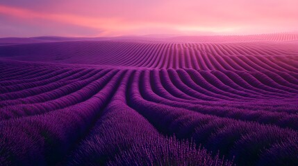 Lavender field creating rolling purple stripes at sunset
