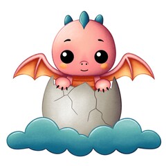 Children's illustration, cute pink dragon in an egg sitting on a cloud.
